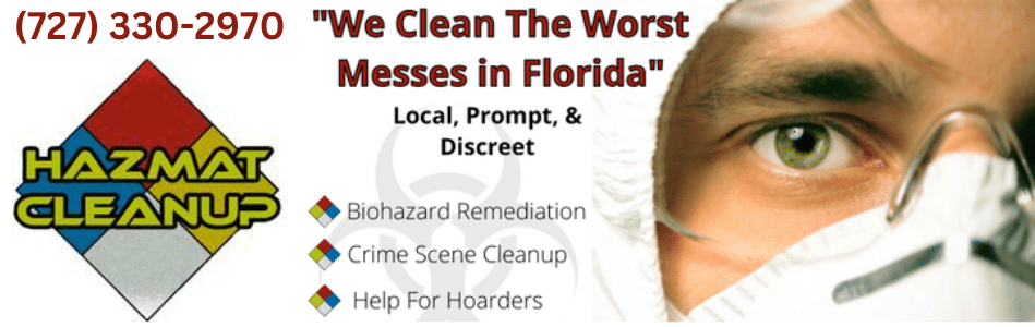 Hernando County hazmat cleaning services with our logo and phone number with technician dressed up in PPE gear.